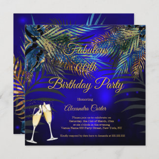 Tropical Blue Gold Palms Champagne Birthday Party Invitation
