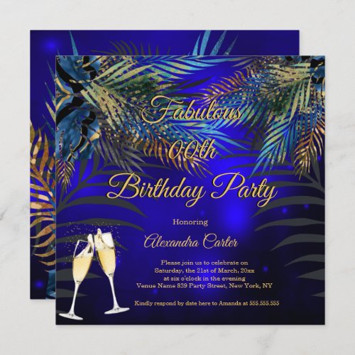 Tropical Blue Gold Palms Champagne Birthday Party Invitation