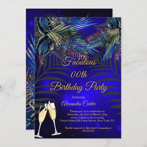 Tropical Blue Gold Palms Champagne Birthday Party  Invitation