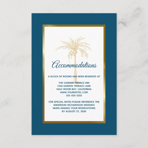 Tropical Blue Golden Palm Wedding Accommodation Enclosure Card