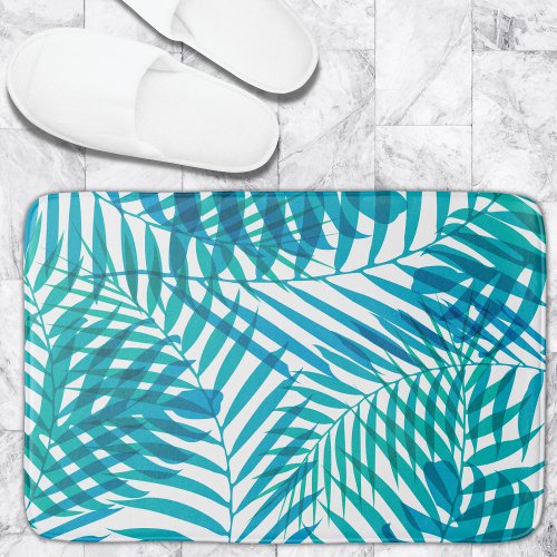 Tropical Blue Green and White Palm Leaves Pattern Bath Mat