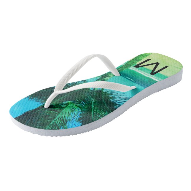 Tropical Blue/Green Beach & Palm Tree Initial Flip Flops (Angled)