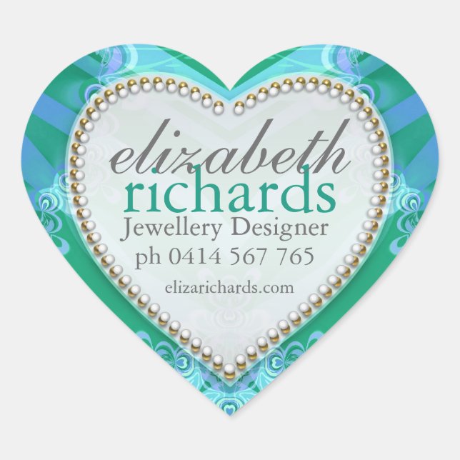 Tropical Blue Green Custom Name Heart Stickers (Front)