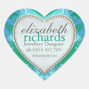 Tropical Blue Green Custom Name Heart Stickers