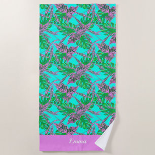 Tropical blue green name initial modern beach towel