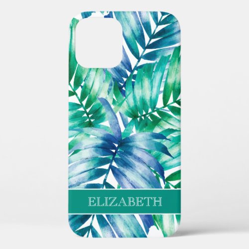 Tropical Blue Green Palm Fronds Personalized Name iPhone 12 Case