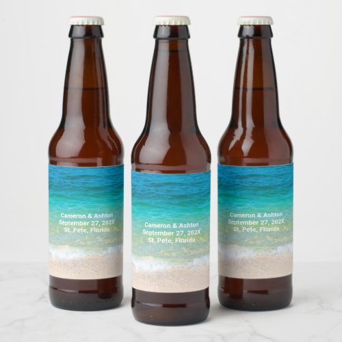 Tropical Blue Green Water Wedding Event Beer Beer Bottle Label