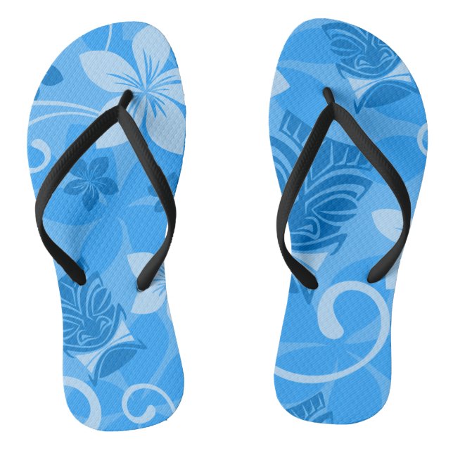 Tropical Blue Hawaiian Tiki Masks Flip Flops (Footbed)