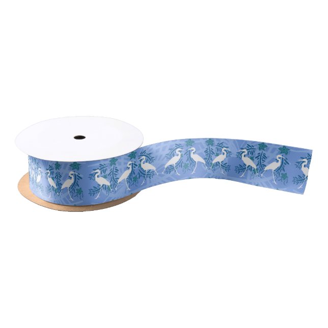 Tropical Blue Heron with Flowers Pattern Satin Ribbon (Spool)