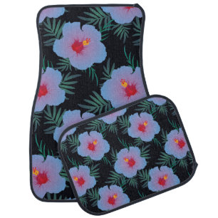Tropical blue hibiscus car floor mat dark base