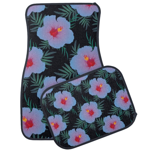Tropical blue hibiscus car floor mat dark base  (Set)
