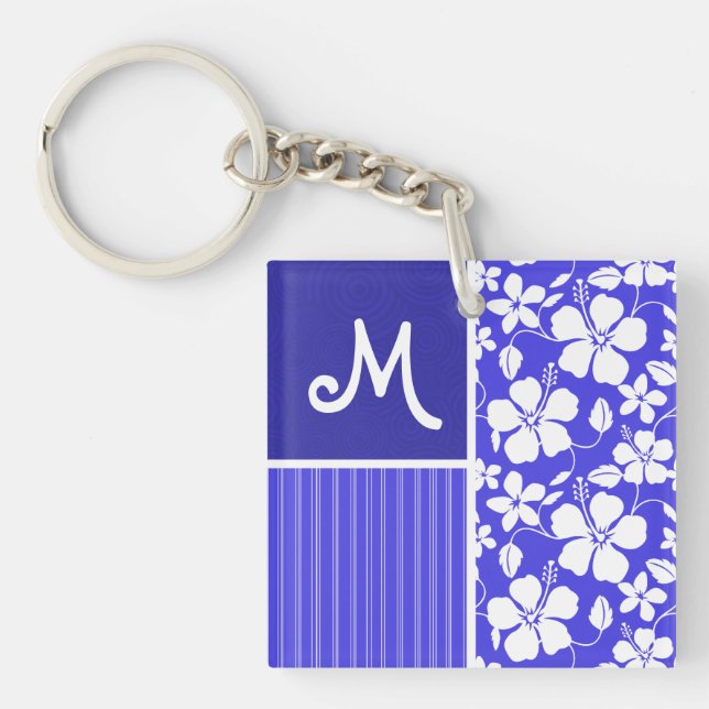 Tropical Blue Hibiscus Flower; Floral Keychain (Front)