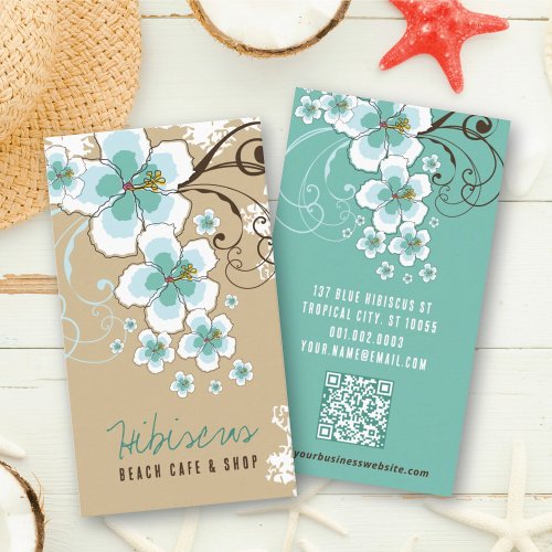 Tropical Blue Hibiscus Flowers And Swirls Rustic Business Card