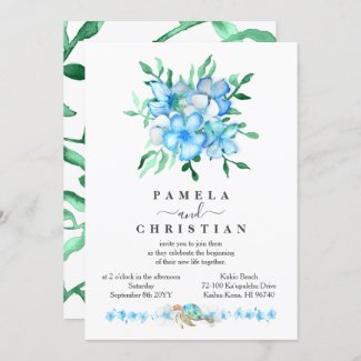 Tropical Blue Hibiscus Flowers Wedding Invitation