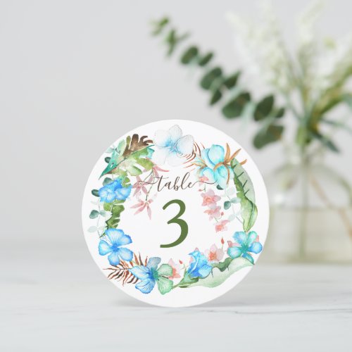 Tropical Blue Hibiscus Flowers Wreath Table Number