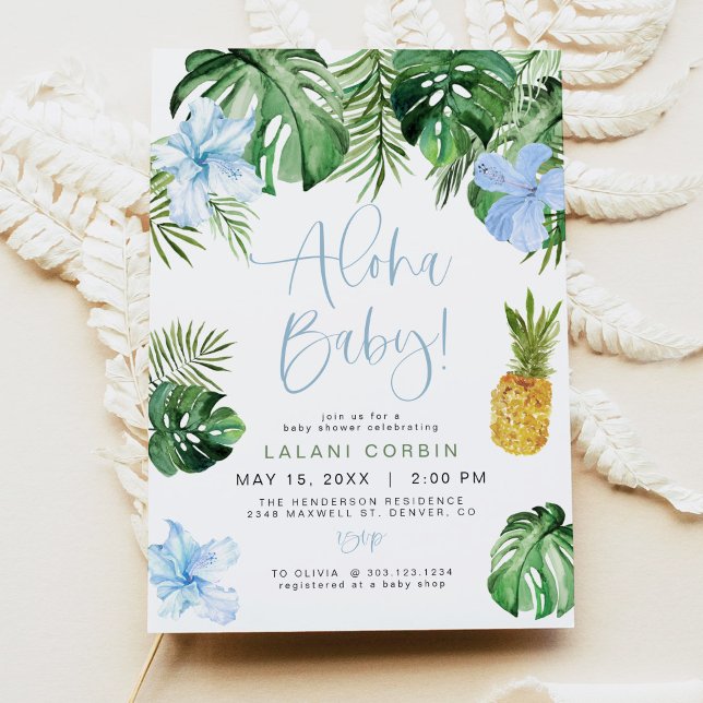 Tropical Blue Hibiscus Luau Baby Shower Invitation (Creator Uploaded)