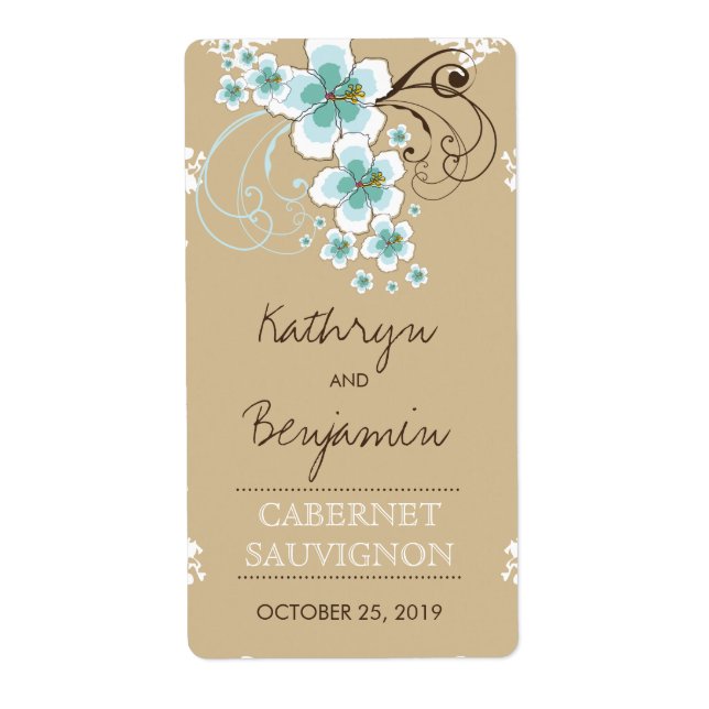 Tropical Blue Hibiscus Rustic Beach Wedding Bottle Label (Front)