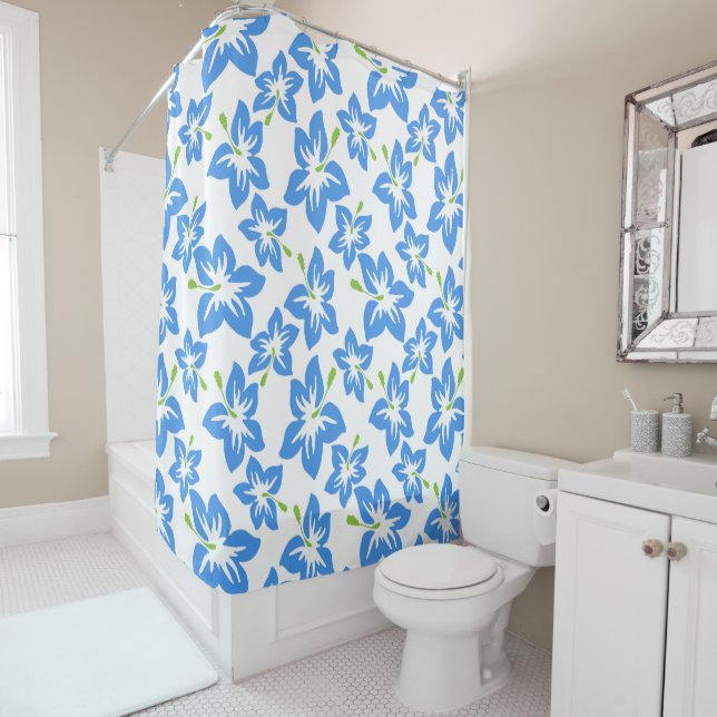 Tropical Blue Hibiscus Shower Curtain (In Situ)