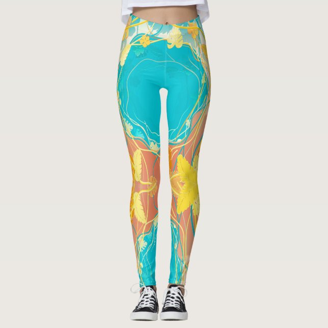 Tropical Blue Lagoon Botanical Leggings (Front)