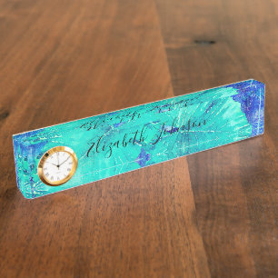 Tropical Blue Leaf Pattern Desk Name Plate