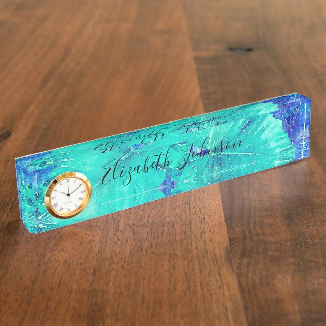 Tropical Blue Leaf Pattern Desk Name Plate (Side)