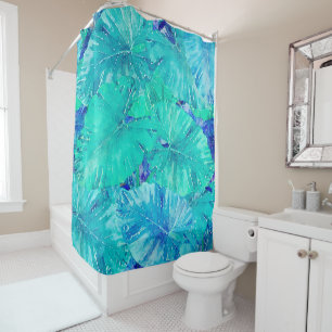 Tropical Blue Leaf Pattern Shower Curtain