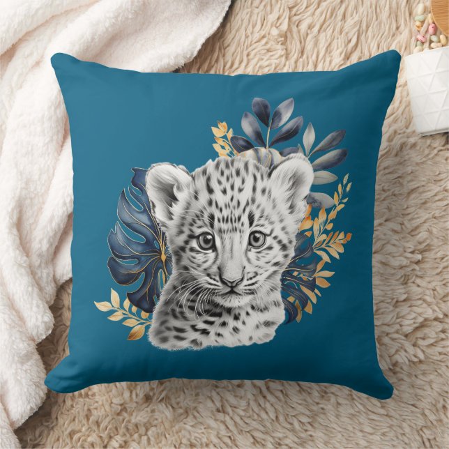 Tropical Blue Leaves Leopard Giraffe Throw Pillow (Blanket)