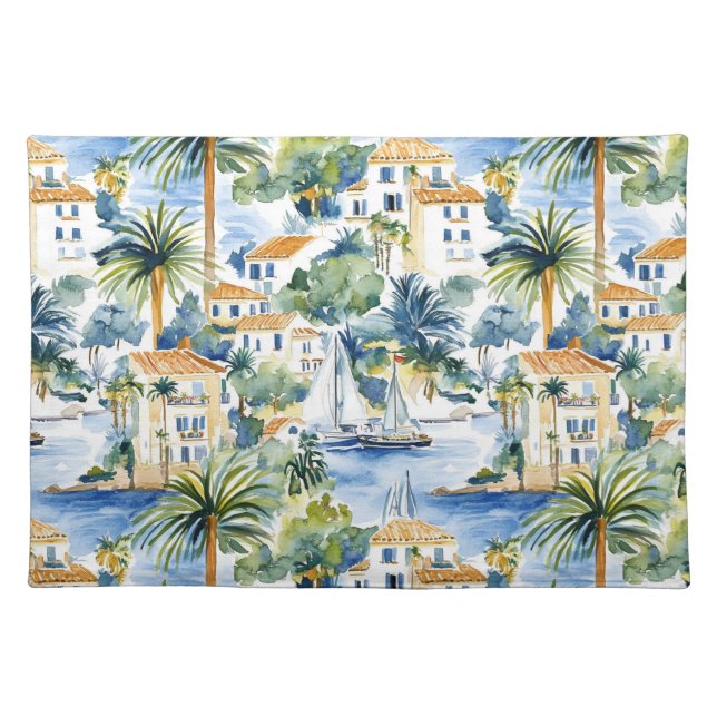 Tropical Blue Mediterranean Wedding Cloth Placemat (Front)