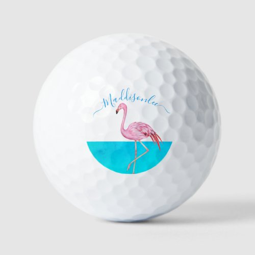 Tropical  Blue Monogram Name Black Pink Flamingo Golf Balls