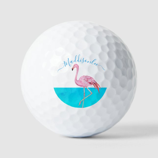 Tropical  Blue Monogram Name Black Pink Flamingo Golf Balls (Front)