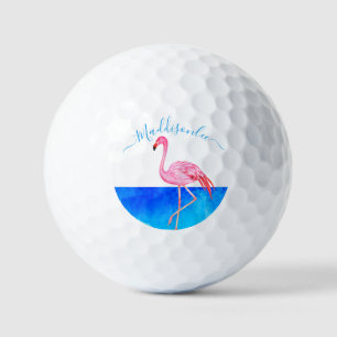 Tropical Blue Monogram Name Pink Flamingo Golf Balls