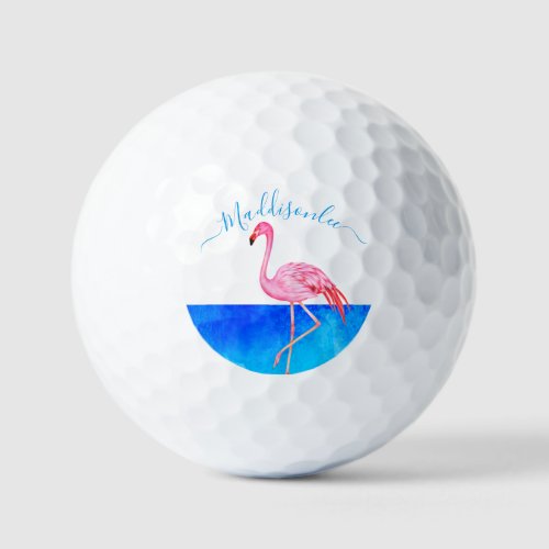 Tropical  Blue Monogram Name Pink Flamingo Golf Golf Balls
