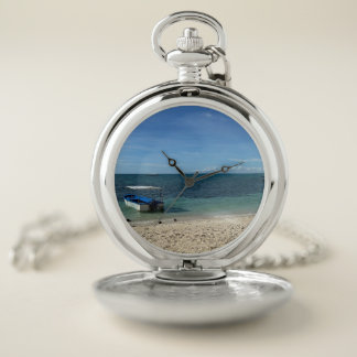 Tropical Blue Ocean Beach & Boat: Summer Vibe Pocket Watch