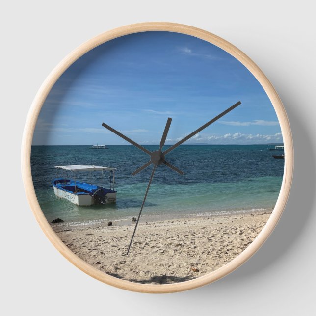 Tropical Blue Ocean Beach & Boat:Summer Wall Clock (Front)