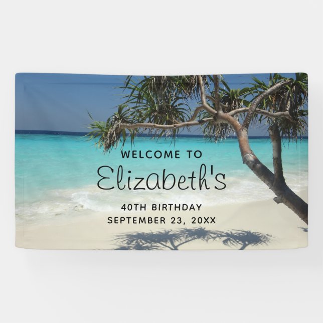 Tropical Blue Ocean Beach Scene Photo Birthday Banner (Horizontal)