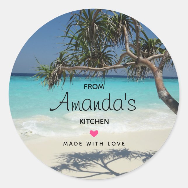 Tropical Blue Ocean Beach Scene Photo Kitchen Classic Round Sticker (Front)