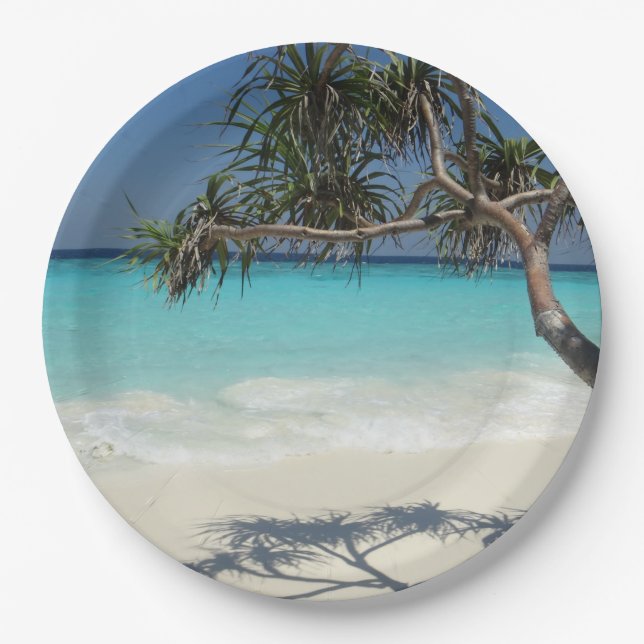 Tropical Blue Ocean Beach Scene Photo Paper Plates (Front)