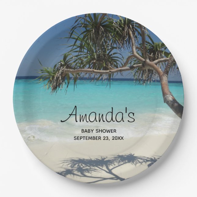 Tropical Blue Ocean Beach Scene Photo Party Paper Plates (Front)