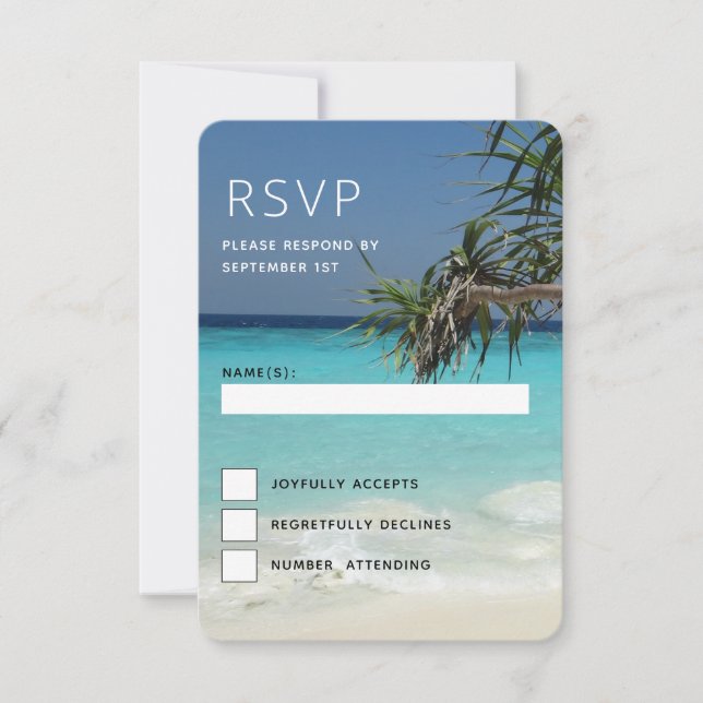 Tropical Blue Ocean Beach Scene Photo Wedding RSVP Card (Front)