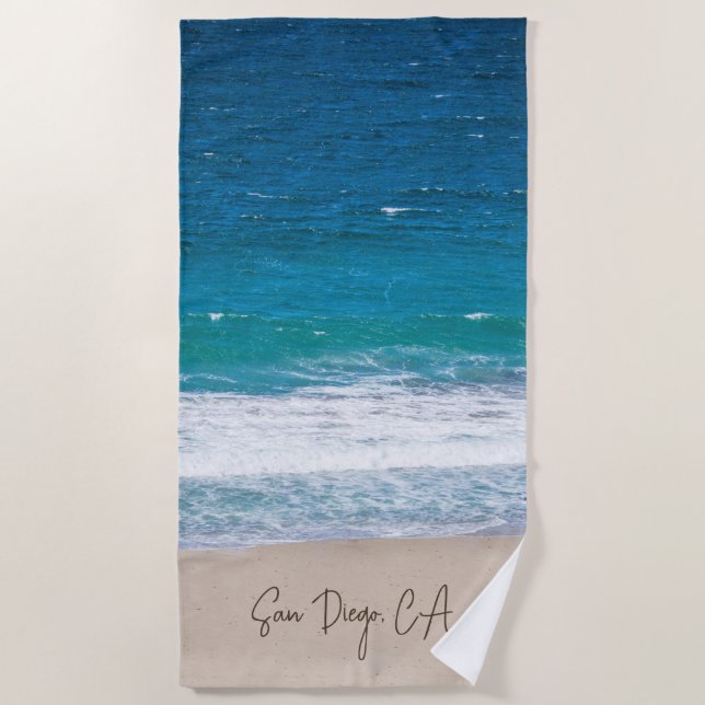Tropical Blue Ocean Beach Waves Personalized Beach Towel (Front)