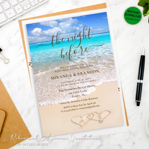 Tropical Blue Ocean Waves Beach Rehearsal Dinner Invitation