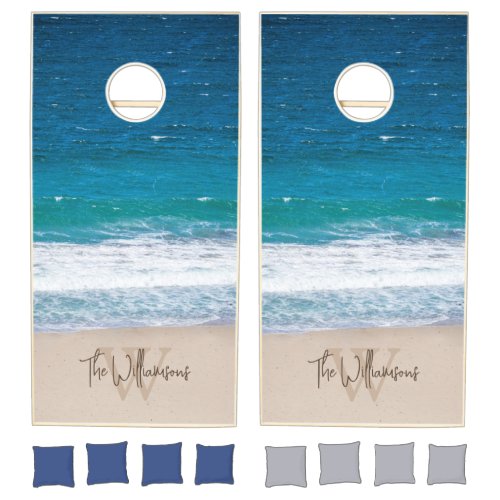Tropical Blue Ocean Waves Family Monogram Cornhole Set