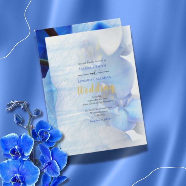 Tropical Blue Orchid Floral Gold Frame Wedding Inv Invitation (Creator Uploaded)