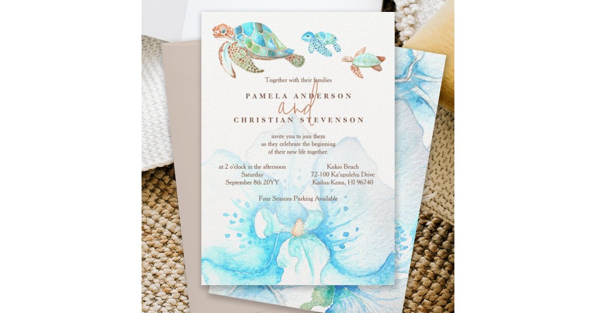 Tropical Blue Orchid & Sea Turtles Wedding Invitation | Zazzle