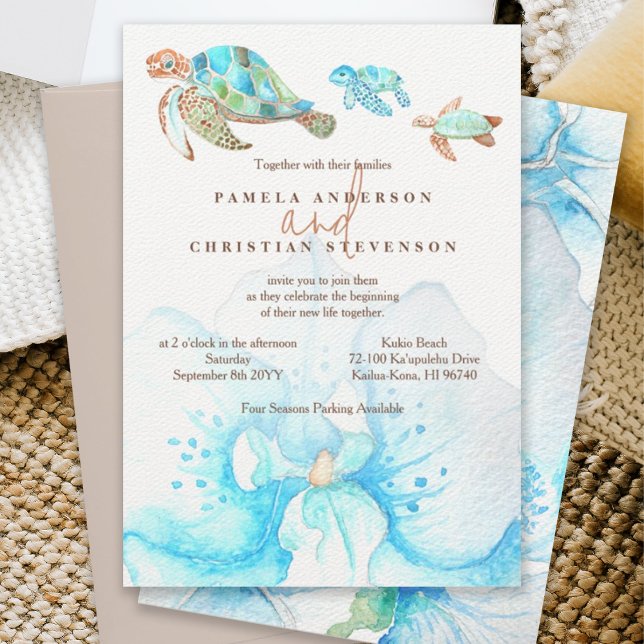 Tropical Blue Orchid & Sea Turtles Wedding Invitation (sea turtle wedding invitation, blue watercolor orchid, tropical malibu blue, beach wedding, ocean)