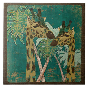 Tropical Blue Paisley Giraffes Retro Tile