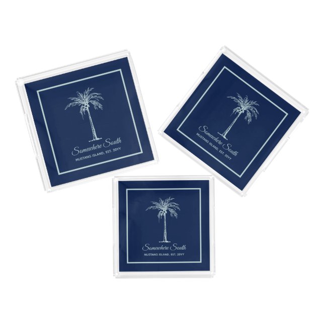 Tropical Blue Pale Teal Palm Tree Custom Acrylic Tray (Set)