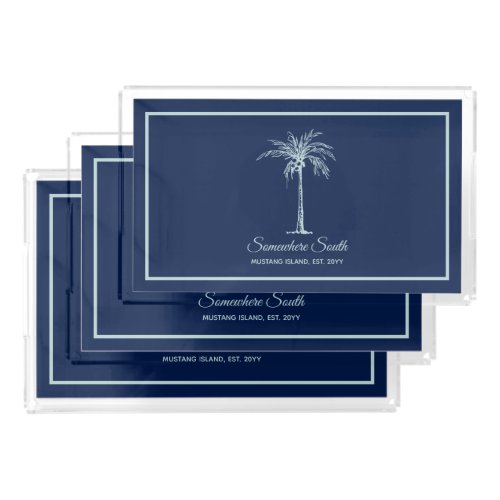 Tropical Blue Pale Teal Palm Tree Personalized Acrylic Tray