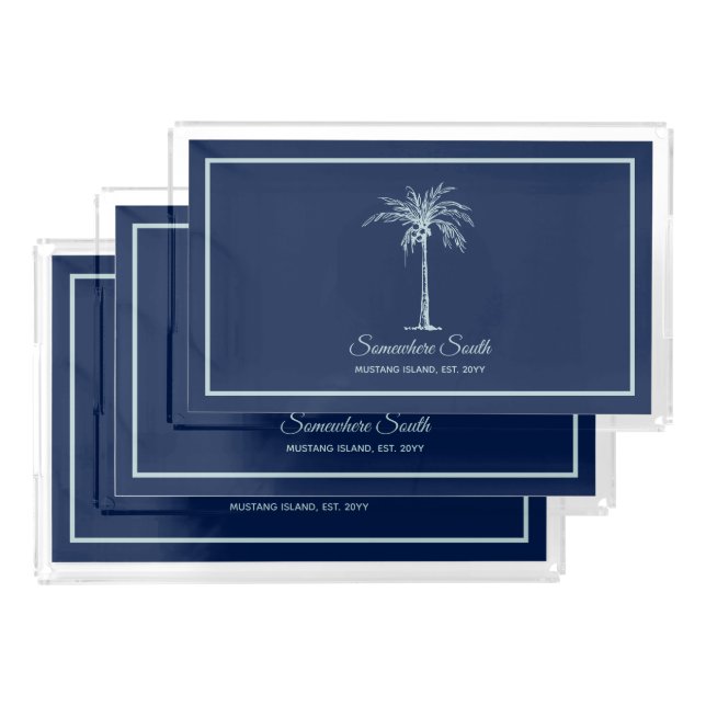 Tropical Blue Pale Teal Palm Tree Personalized Acrylic Tray (Set)