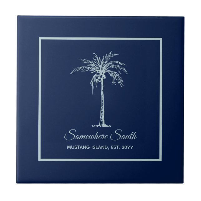 Tropical Blue Pale Teal Palm Tree Personalized Ceramic Tile (Front)